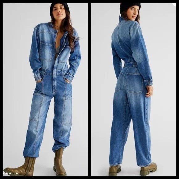 We The Free People Night Moves Denim Utility Jumpsuit Coveralls